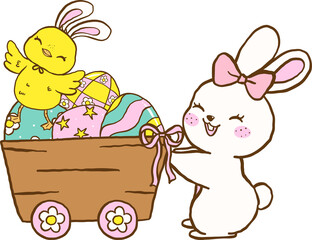 Cute Bunny and Chicken with Easter Eggs in Trolley Cartoon Hand Drawn