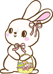 Cute Coquette Bunny with Easter Eggs Basket Cartoon Hand Drawn
