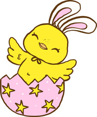 Groovy Easter Chicken Bunny Ears in Egg Cartoon Hand Drawn