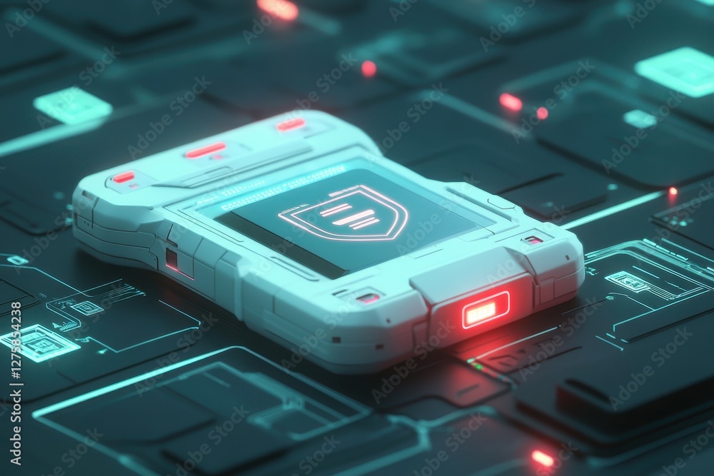 Poster futuristic device on digital background with cyber elements