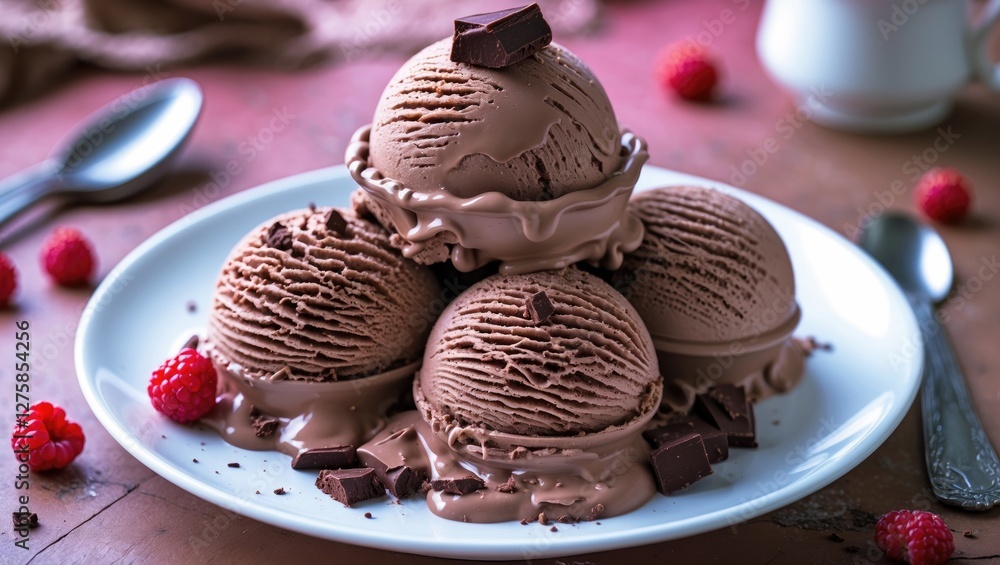 Poster decadent chocolate ice cream scoops with chocolate chunks served on a white plate garnished with ras