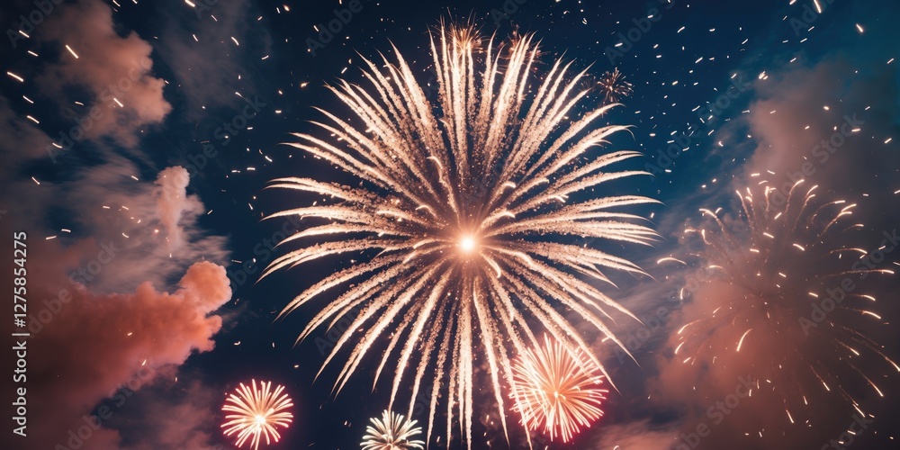 Poster vibrant fireworks display illuminating night sky with empty space for creative text or messaging