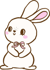 Cute White Bunny with Pink Bow Cartoon Hand Drawn