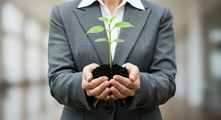 Businessperson holding seedling - Future growth concept - Business,environmental advocacy post