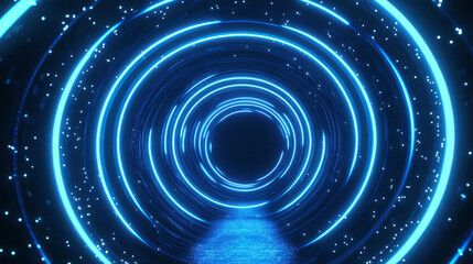 Fototapeta premium Neon light flare circles on black background. Vector realistic illustration of round blue lines glowing in darkness, lens refraction, shiny halo, futuristic teleport, sparkling space galaxy portal