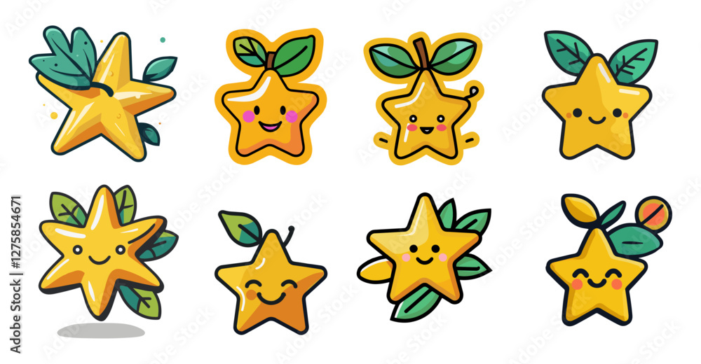 Poster sets icon collection of cartoonish star characters with various facial expressions and leaf decorati