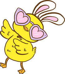 Groovy Easter Baby Chicken with Bunny Ears and Heart Glasses Cartoon Hand Drawn