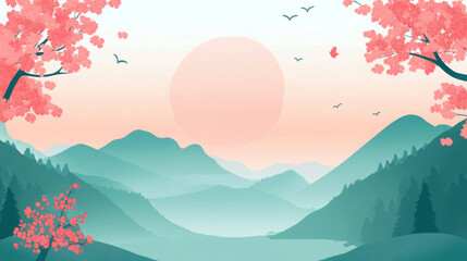 Serene landscape with a pink and blue sky, mountains, and trees