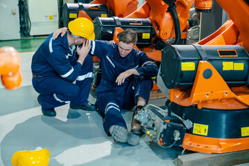 Workers assist injured colleague in industrial facility during safety compliance training
