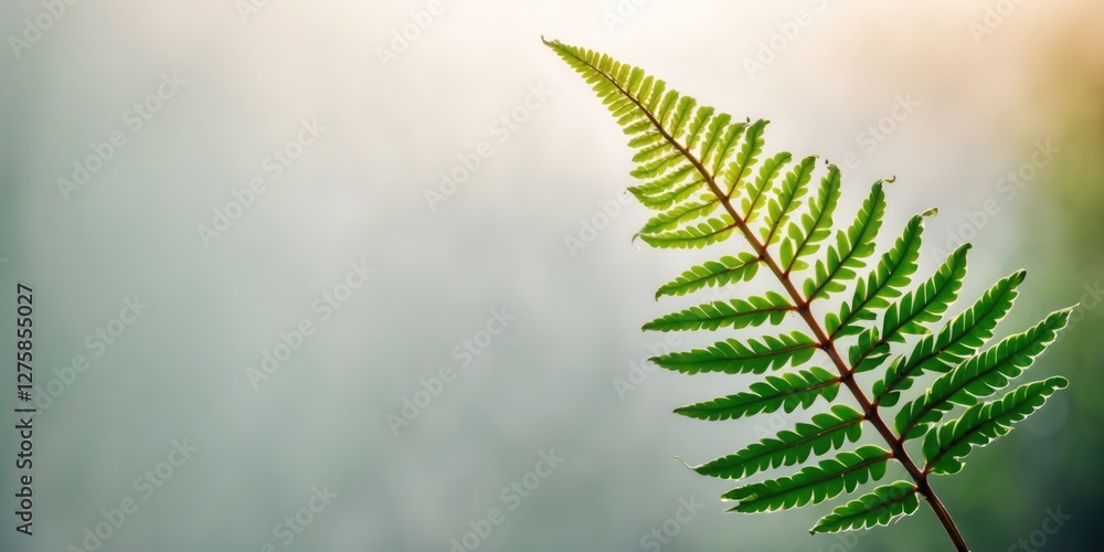 Poster close-up of a vibrant green fern leaf isolated against a smooth blurred background offering space fo