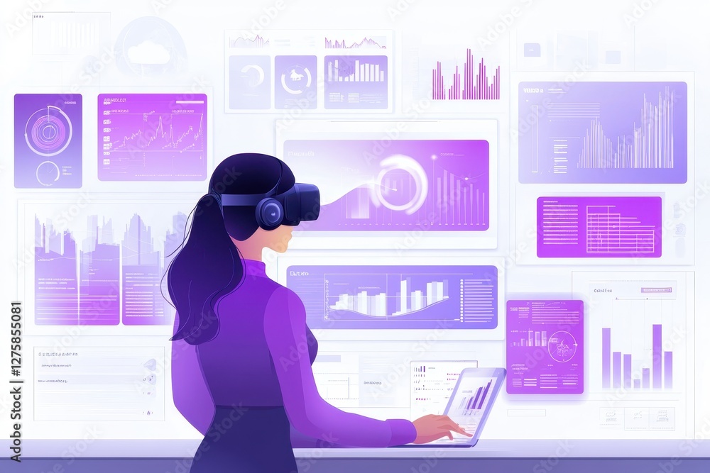 Poster woman using virtual reality headset for data analysis and visualization