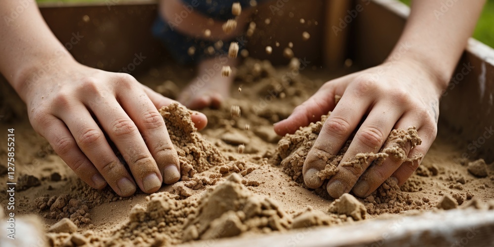 Poster close-up of hands exploring sand in sandbox with soft focus and copy space for creative text or capt