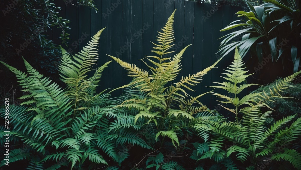 Poster close-up of lush ferns in garden with dark background and ample space for text ideal for nature-them