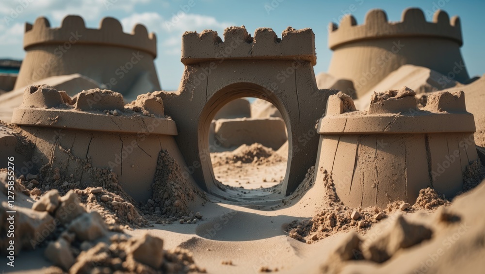 Poster intricate sandcastle architecture featuring a bridge surrounded by towering sand structures on a bea