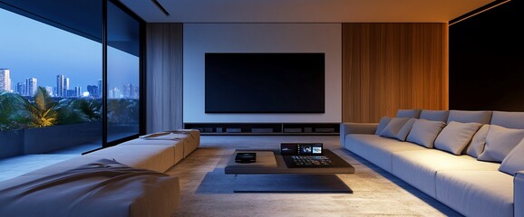 Elegant Living Room with a Stunning City View at Twilight, Modern Home