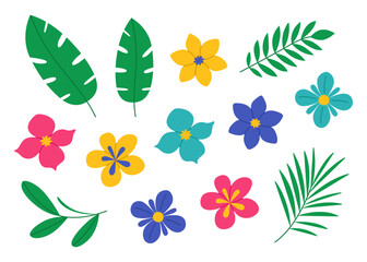 Exotic flowers and tropical leaves set. Palm and banana branch, plumeria and other. Colorful summer collection. Wild jungle greenery. Vector flat illustration isolated on white background