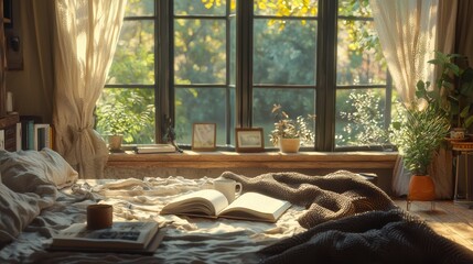 Serene morning ritual with coffee a book and warm sunlight