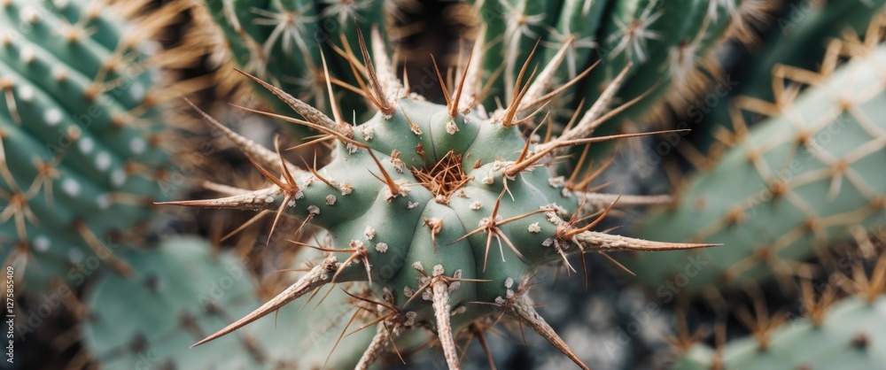 Poster close-up view of cactus thorn with natural textured background and empty space for custom text or de