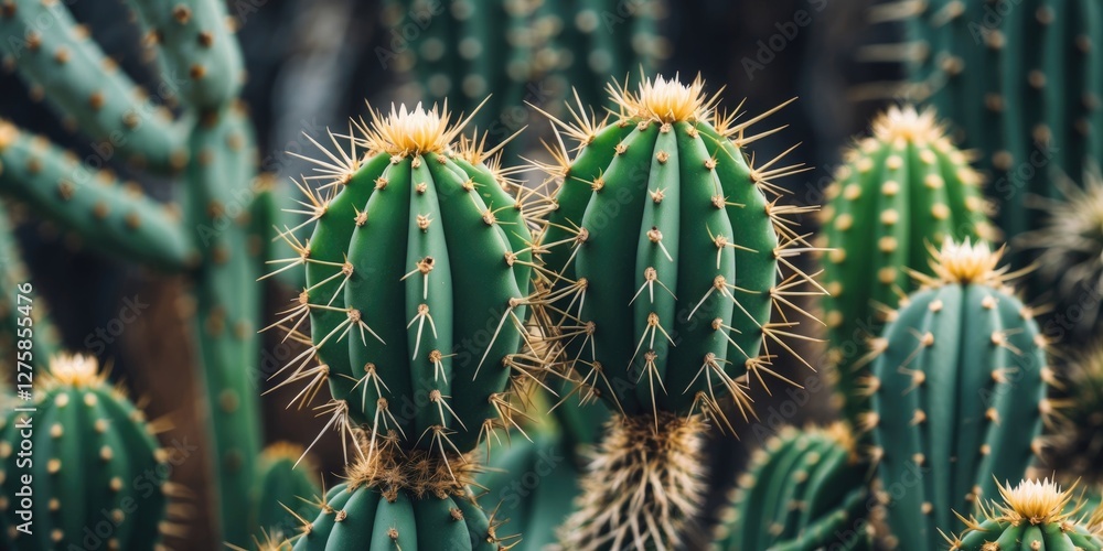 Poster closeup of vibrant green cacti featuring long, sharp spines with ample empty space for text or overl