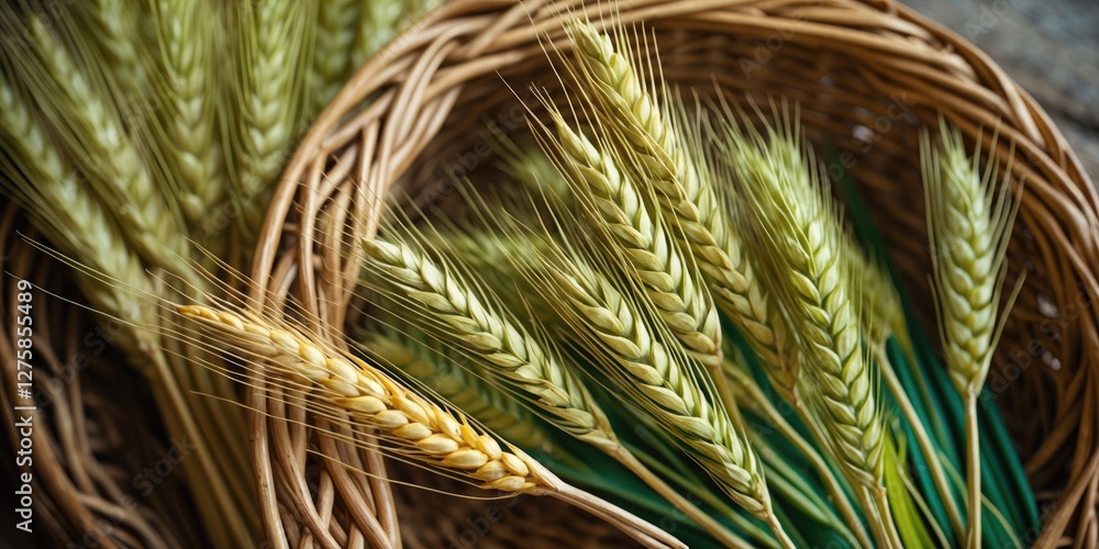 Poster closeup of a wicker basket filled with green wheat ears providing ample empty space for text or mark