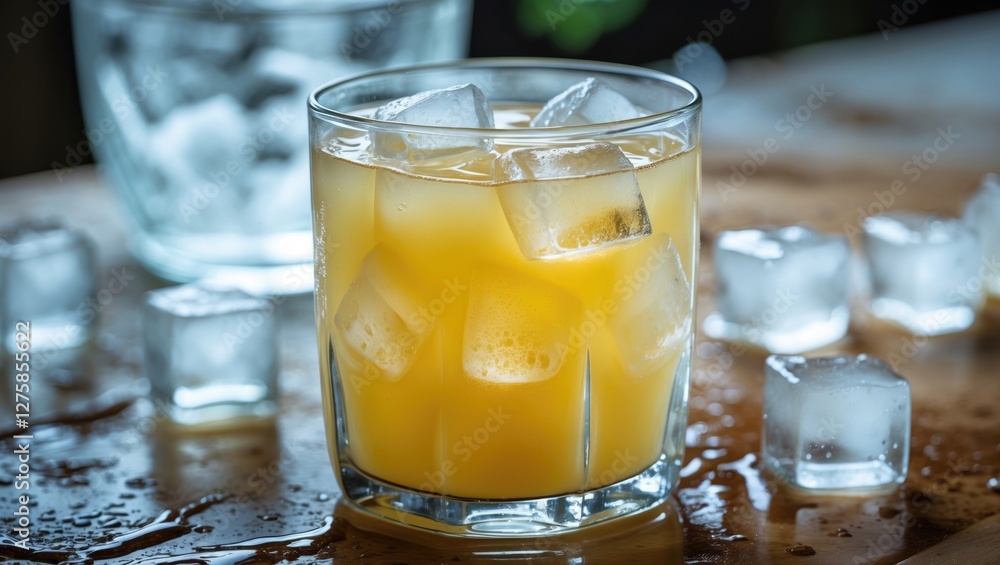 Poster cold refreshing juice with ice cubes in glass on table surrounded by melting ice capturing summer vi
