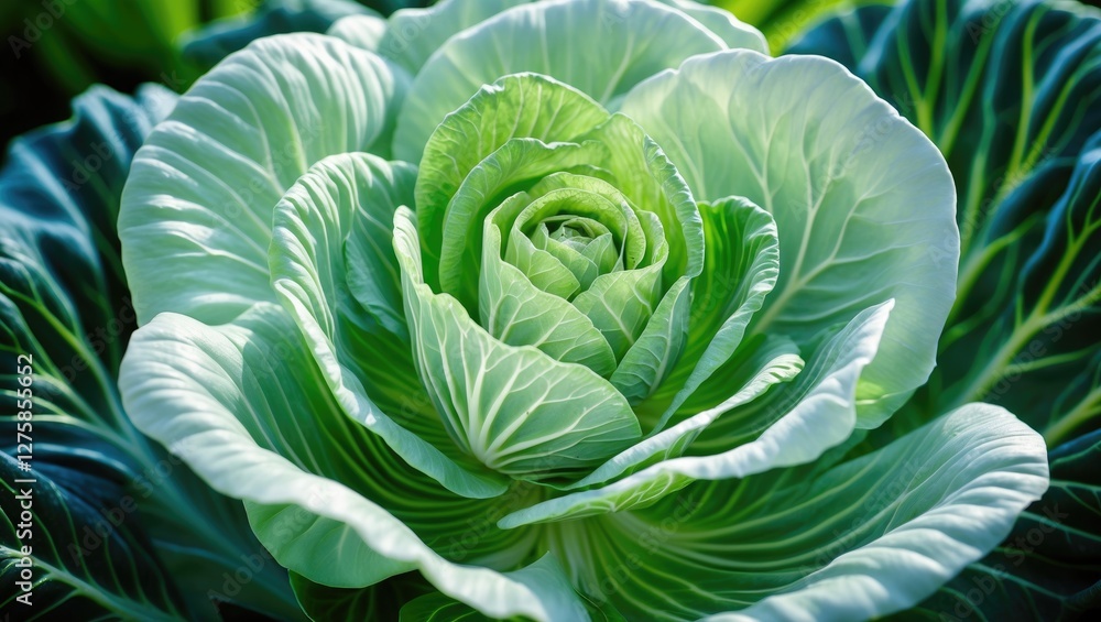 Poster closeup of vibrant cabbage flower showcasing intricate white and green patterns with ample empty spa
