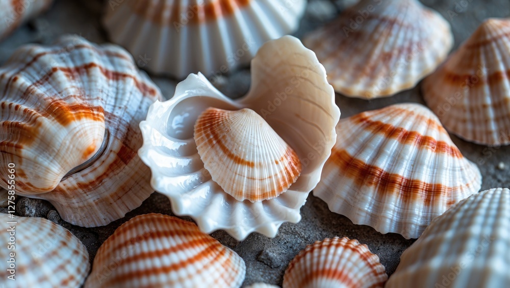 Poster closeup of various seashells showcasing intricate textures and patterns on a sandy background for a 