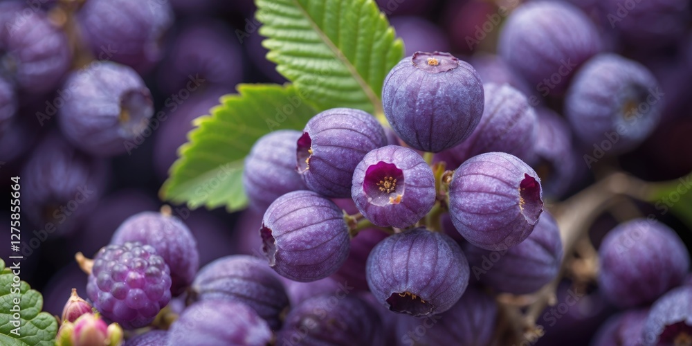 Poster closeup of vibrant purple berries with green leaves and ample empty space for text or design element