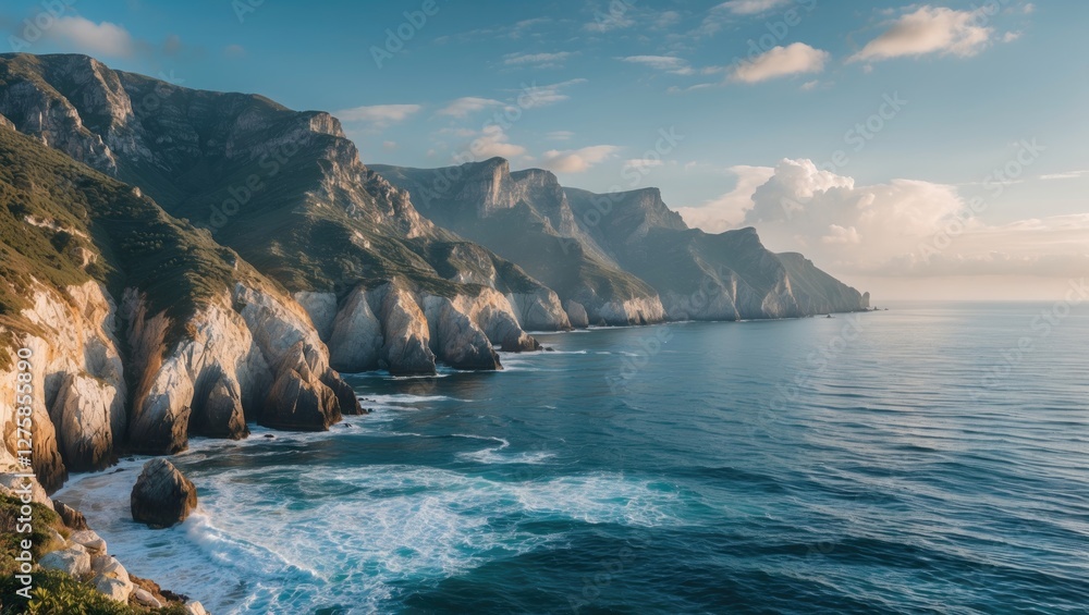 Poster scenic coastal landscape with dramatic cliffs and serene ocean view featuring expansive copy space f