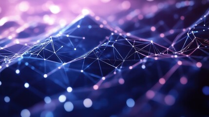 Abstract digital art showcasing vibrant interconnected lines and points in a cosmic blue and purple landscape, emphasizing technological themes.