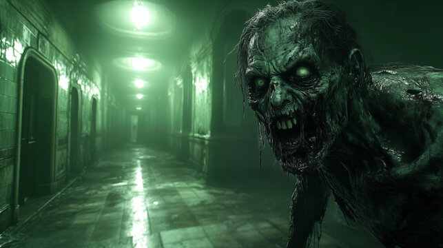 Zombie creature lurking in abandoned hospital corridor with eerie green lighting creating horror atmosphere for apocalyptic storytelling and gaming concepts