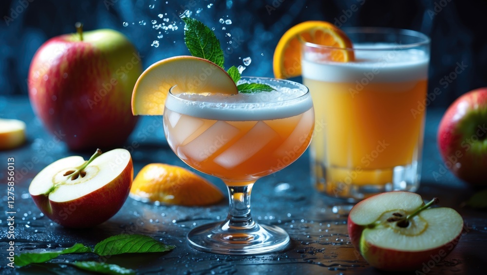 Poster refreshing cocktail with apple and orange juice garnished with mint and fruit slices on a textured s