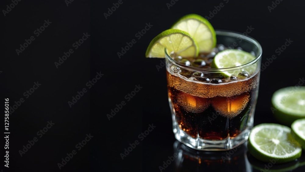 Poster refreshing cocktail with cola and lime slices served in a glass on a black background perfect for be