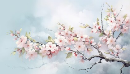 Naklejka premium Cherry blossoms branch against the backdrop of the blue sky, dreamy background for wedding invitation