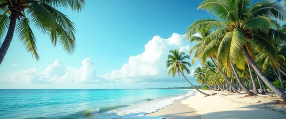 Tropical Beach Scene with Coconut Trees and Clear Blue Sky Ideal for Summer Vacation Promotions or Travel Advertisements