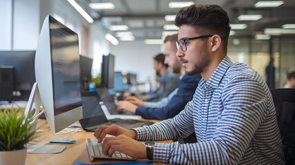 Focused Young Man Working on Computer in Modern Office Professional Businessman Typing on Keyboard Concentrated Employee at Desk Digital Workplace Technology Innovation job team goal career growth    