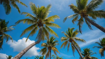 Coconut Palm Trees Against a Vibrant Blue Sky with Fluffy Clouds in a Tropical Paradise Setting