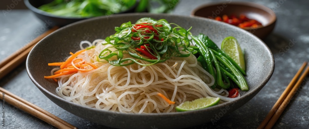 Poster fresh cold noodles salad with vegetables and lime garnish in a stylish bowl on a rustic table settin