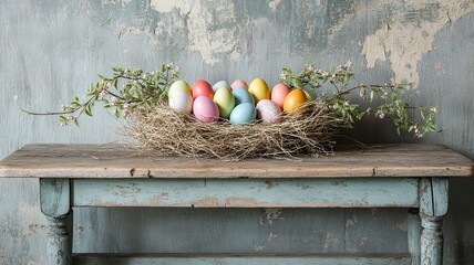 Embrace a warm Easter ambiance with a straw nest of hand-painted eggs, set on a table adorned with a lace doily and surrounded by charming country-style decor.

