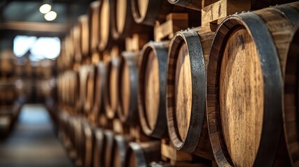 A close-up view of oak barrels stacked in a warehouse, showcasing the craftsmanship and aging process of fine spirits in a warm, rustic atmosphere.