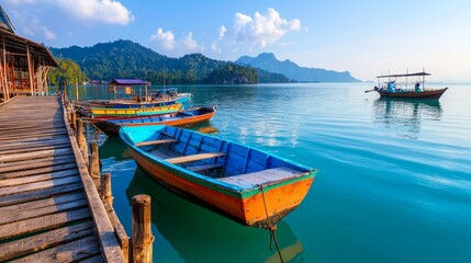Vibrant colorful boats moored at a wooden pier on a calm tropical sea under a sunny sky, with lush green hills in the background. 