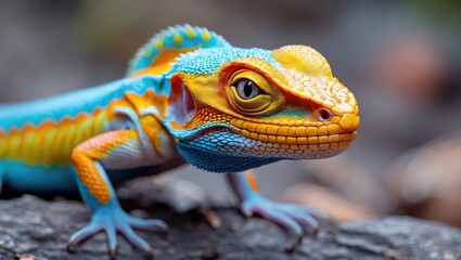 Fototapeta premium Vibrant Close-Up of a Colorful Lizard on Natural Background Capturing Intricate Details and Texture in Wildlife Photography