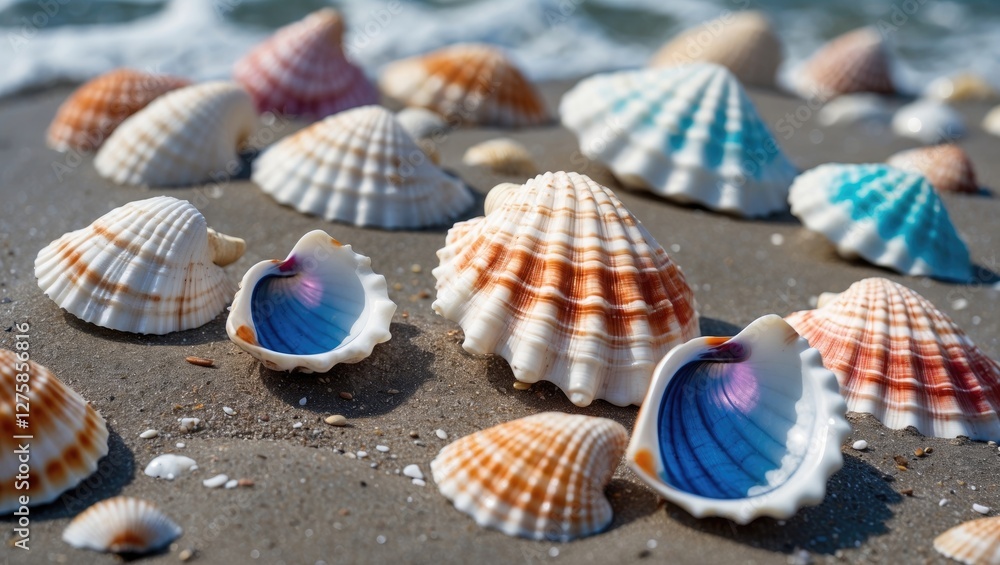 Aufkleber vibrant seashells lying on sandy beach with clear space for text and soft ocean waves in background