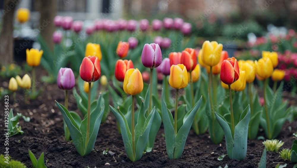 Poster vibrant tulip garden displaying a variety of colors with blank space for custom text or captions