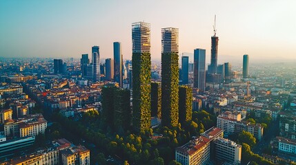 Obraz premium City Skyline with Vertical Gardens, Modern Architecture, Sunrise