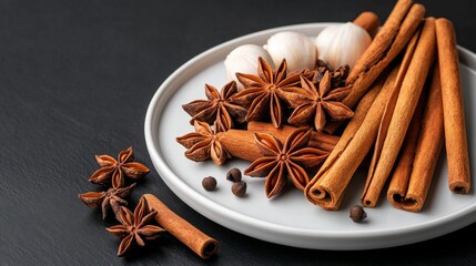 star anise pods surrounded by cinnamon sticks and cloves