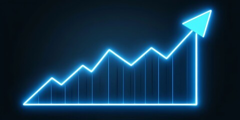 Neon Blue Upward Trending Line Graph on Dark Background, Business Success. Financial Growth Concept.