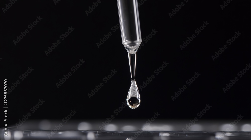 Poster high-resolution close-up of a single droplet forming at the tip of an automatic dozator, about to be