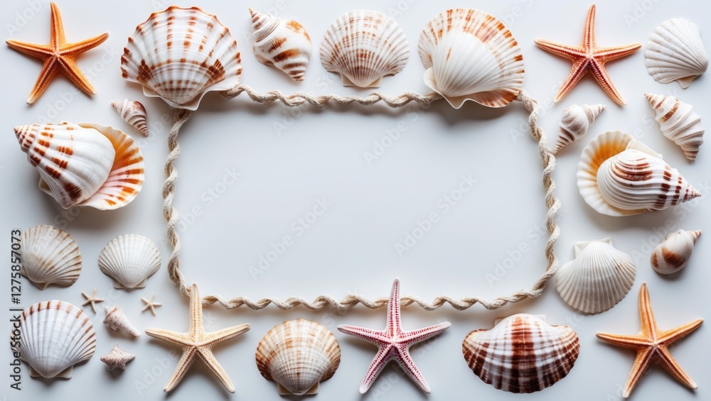 Poster summer themed flat lay of sea shells and starfish framing an empty space for text on a white backgro