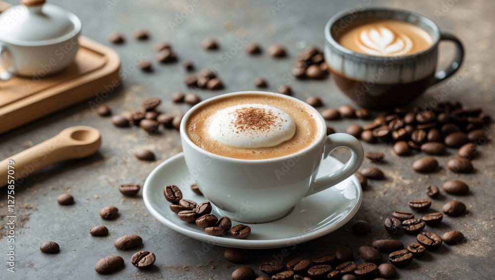 Poster delicious coffee cups with cream and coffee beans arranged on a rustic table with space for text or 